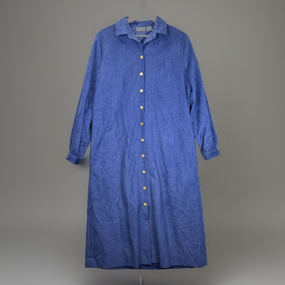 Vintage Margaret‎ Smith Robe 16 Blue Flannel Gold Buttons Long Retro Mod Modest